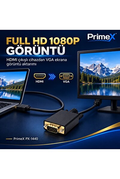 PrimeX Plus PrimeX PX-1440 1.8 Metre HDMI to VGA Görüntü Kablosu, HDMI Çıkıştan VGA Monitör Projeksiyona Dönüştürücü, PC Laptop PS5 Xbox Uyumlu, Full HD, Tek Yönlü