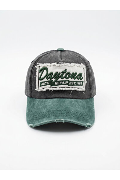 Daytona Auto Repair Eskitme Yıkamalı Gri & Yeşil Nakışlı Vintage Şapka