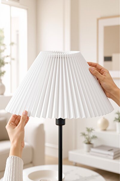 Pileli Kumaş Umbrella Lambader Başlığı Krem 36 cm