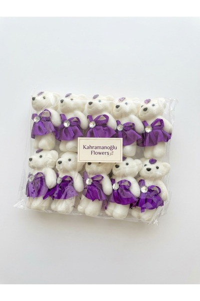 Kahramanoğlu Flowers 10'lu Paket Mor Elbiseli Minik Peluş Ayıcık - Çiçek & Hediye Buketi Süsleme Objesi