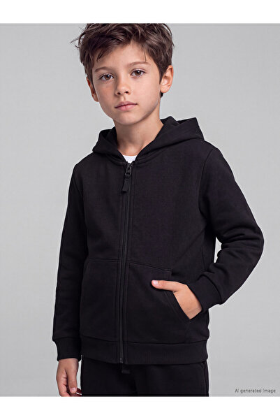 LC Waikiki Özmarka New Season Black Hooded Thick Boys' Zippered Sweatshirt