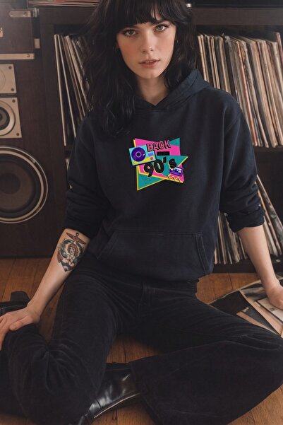 The Champ Clothing Kadın Oversize Hoodie Back To The 90’s Baskılı Siyah - Kap...
