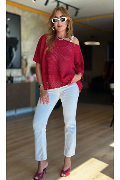 MYSSHOES Women's boat neck short sleeve openwork knit sweater
