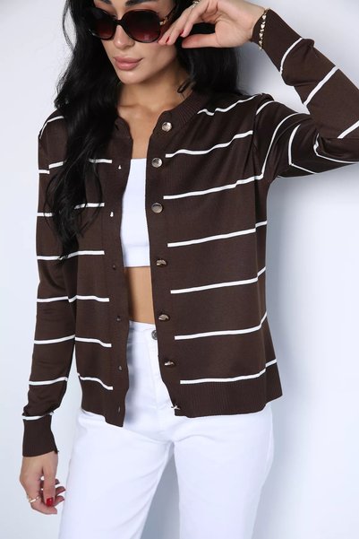 TOZLU Brown Women's Striped Knitwear Cardigan
