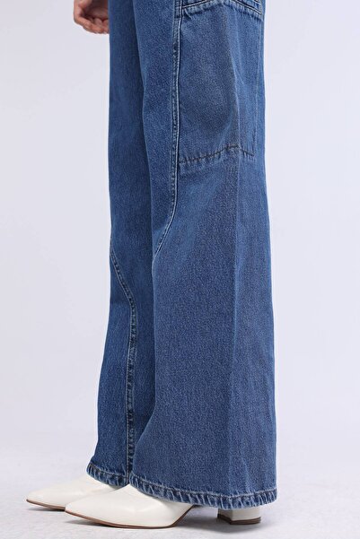 Kadın Mavi Yüksek Bel Önü Panel Dikişli Relaxed Fit Palazzo Denim Pantolon