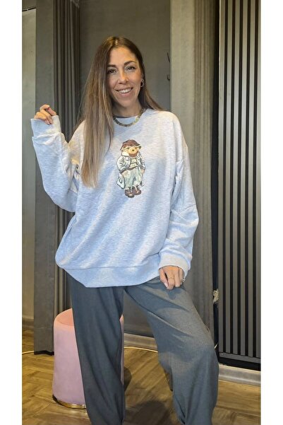 TEDDY BASKILI SWEATSHIRT GRİ