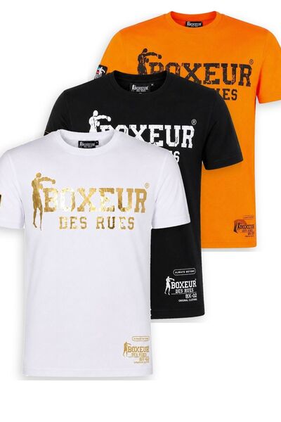 Boxeur Des Rues Tricouri bărbătești, pachet de 3, croială slim: Alb/Auriu + Negru/Alb + Portocaliu/Negru