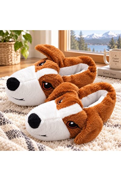 ZERDALİFE Hayvanlı Sessiz Taban Kaymaz köpekli peluş Panduf Ev Terliği