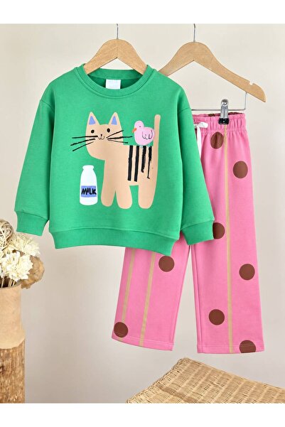 Alvadonna New Season Cat Printed Girls' Top and Bottom Set