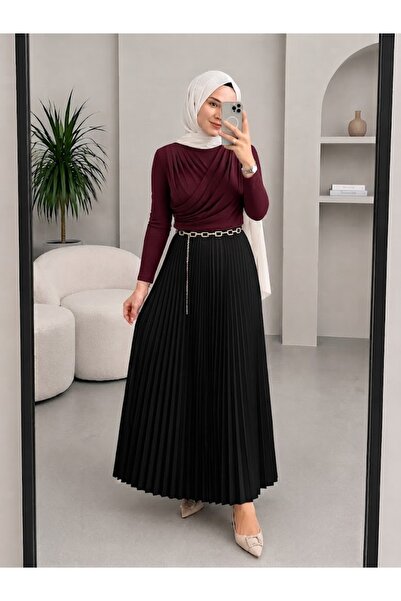 modapark.ist Double-Breasted Collared Blouse and Pleated Skirt Set