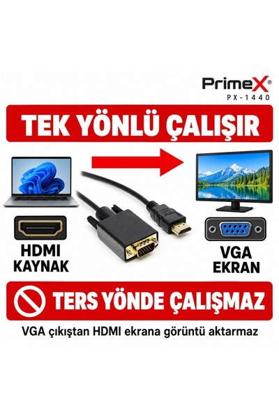 PrimeX Plus PrimeX PX-1440 1.8 Metre HDMI to VGA Görüntü Kablosu, HDMI Çıkıştan VGA Monitör Projeksiyona Dönüştürücü, PC Laptop PS5 Xbox Uyumlu, Full HD, Tek Yönlü