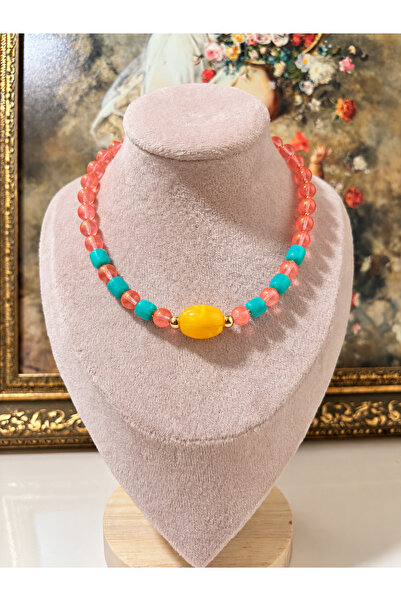 Gizemindünyası Orange Turquoise Beaded Bohemian Choker Necklace