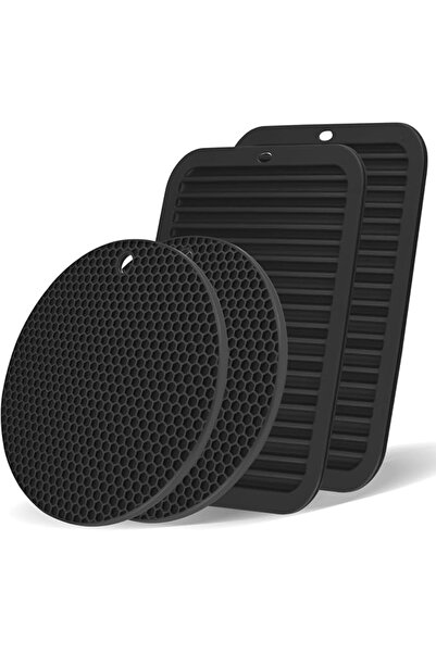 GENERAL Pack of 4 Silicone Coasters, 2 Rectangular + 2 Round, Silicone Pot Co...