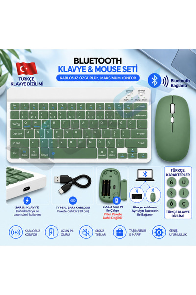VOREX PL-388 Bluetooth Türkçe Q Mini Klavye Mouse Seti Şarjlı Klavye Pilli Mouse