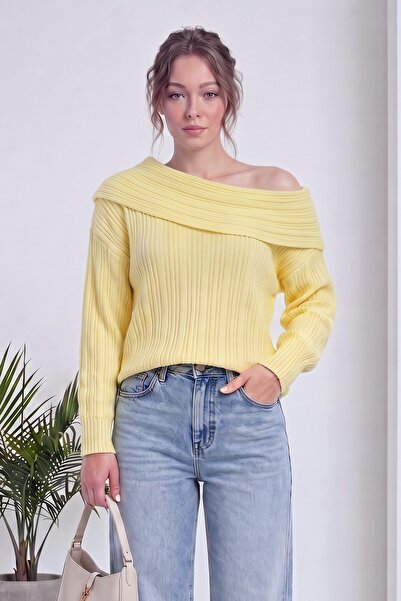 zks grup tekstil Women's Madonna Collar Off Shoulder Ribbed Knitwear Blouse S...
