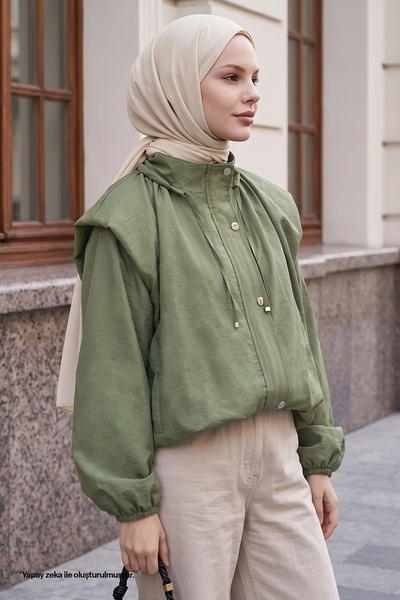 InStyle Yakası Büzgülü Haki Bomber Ceket