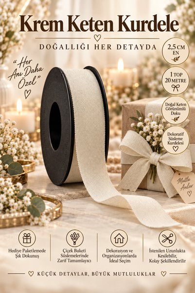 kubbe tekstil aksesuar Cream Linen Ribbon 2.5 cm – 1 Roll 20 Meters – Decorative Bow, Gift Wrapping, Decoration, and Textile Accessory Ribbon