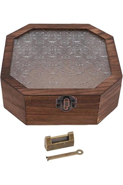 Generic Wooden Storage Box with Hinged Lid Glass Top Vintage Octagonal Organi...
