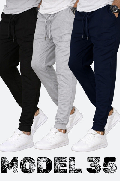 TORUK MAKTO Set of 3 Unisex Ribbed Sweatpants Regular Black Gray Navy Blue Co...