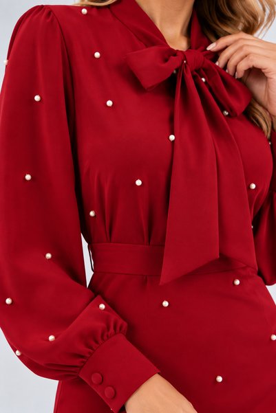 moda wanilia Rochie de seară midi cu mânecă lungă, cu decolteu cu fundă, cu detalii din perle și piatră, cu șliț, elegantă