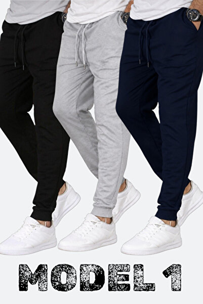 TORUK MAKTO Set of 3 Unisex Ribbed Sweatpants Regular Black Gray Navy Blue Co...