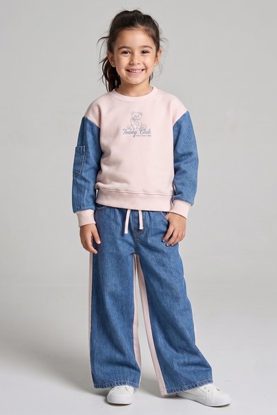 DMB BOYS & GIRLS Girl's Cotton Tracksuit with Elastic Waist and Denim Details