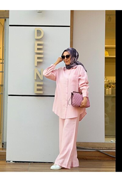 Pudra Pembe Düğmeli Oversize Gömlek ve Geniş Paça Bol Pantolon İkili Kombin Takım