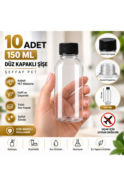 makrobay 150 ml Şeffaf PET Boş Şişe Siyah Düz Kapaklı Oval 10 Adet