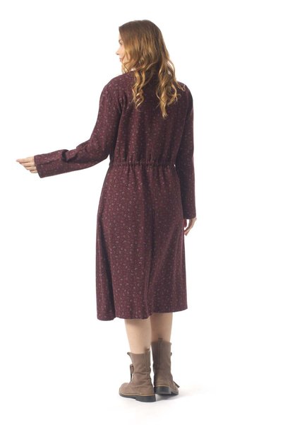Eliş Şile Bezi Long Sleeve Sibel Flannel Shawl Patterned Waist Gathered Winter Midi Length Dress with Pockets Burgundy Brd