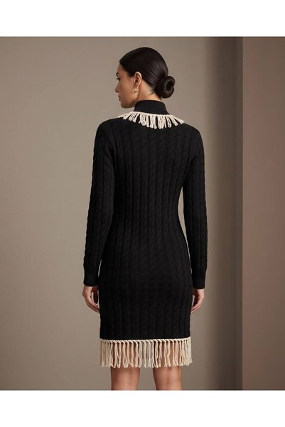 Trend Kapında Knitted Detailed Tasseled Knitwear Dress