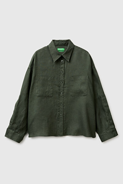 United Colors of Benetton Women's Khaki 100% Linen Off-Shoulder Boxy Fit Shirt