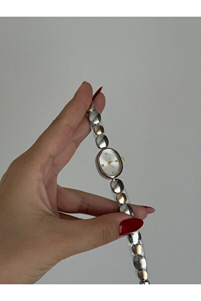 Lillianna Kadın Silver Gold Oval Kasa Beyaz Kadran İki Renk Bileklik Taş Deta...