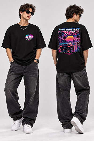 The Baski Midnight Drive 1980S Printed Oversize T-Shirt Unisex Retro Synthwave Car Large Back Print Streetwear Tee Shirt