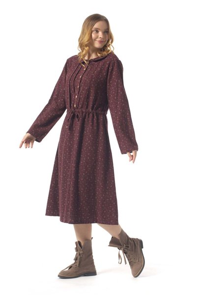 Eliş Şile Bezi Long Sleeve Sibel Flannel Shawl Patterned Waist Gathered Winter Midi Length Dress with Pockets Burgundy Brd