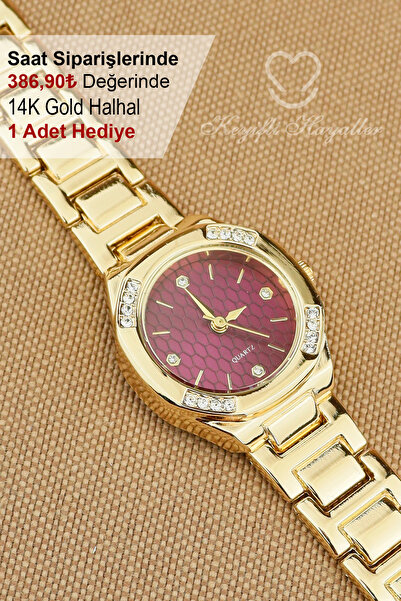 Keyifli Hayaller Gold Bordo Kadran Klasik Model Kadın Kol Saati - 14K Gold Ha...