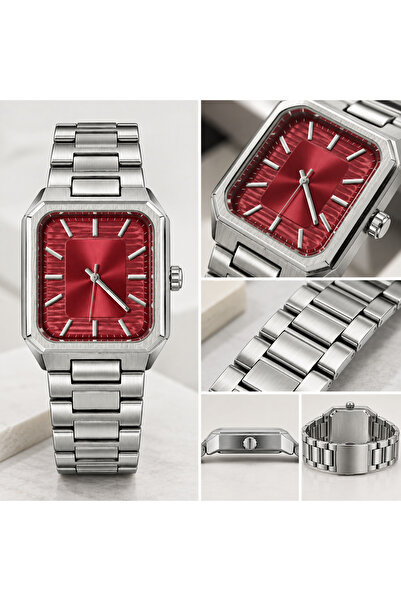 Valens Crimson Steel – Erkek Çelik Kordon Kare Kasa Kırmızı Kadran Analog Kol...