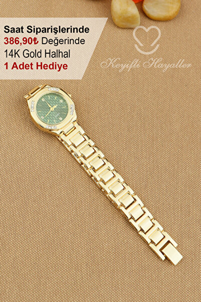 Keyifli Hayaller Gold Yeşil Kadran Klasik Model Kadın Kol Saati - 14K Gold Halhal Hediyeli