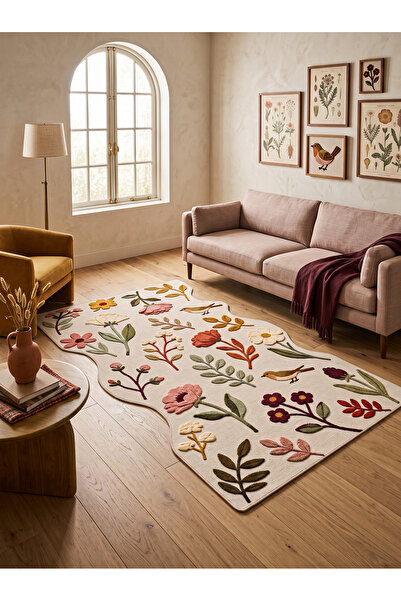Rose'n Home Arte AST055 Asimetrik Kesimli Çiçek ve Kuş Figürlü Dekoratif Halı