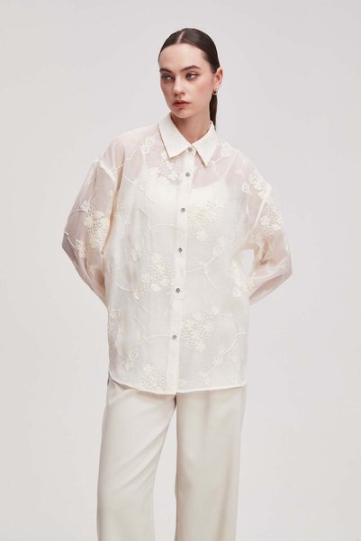 Livia Women's Sheer Embroidered Long-Sleeve Blouse