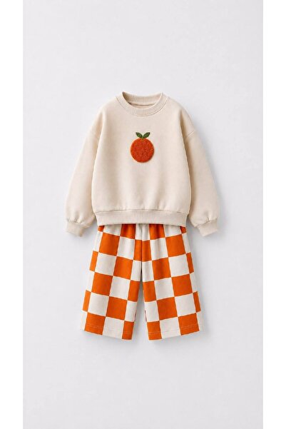 Bisiklet Yaka Portakal Nakışlı Sweatshirt Ekose Baskılı Pantolon Takım
