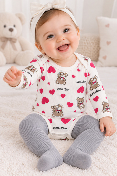 Hece Bebe | %100 Pamuklu İkili Bebek Badi Seti (Kalpli Ayıcık & Tavşan Serisi)