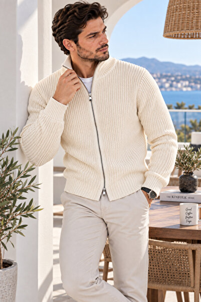 EMR Online Men's Knitwear Cardigan Full Zipper Stand Collar Knitted Patterned...