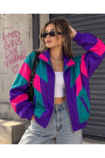eyonnwear Unisex Mor Retro Windbreaker 80's Vintage Y2K Oversize Ceket