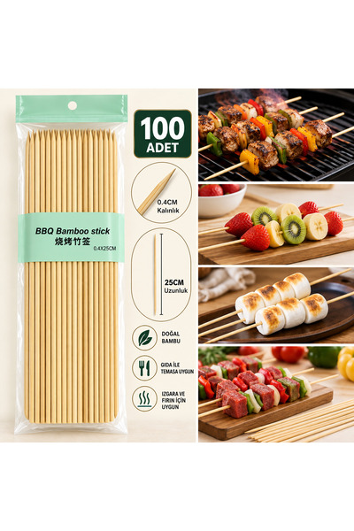 SHARI Doğal Bambu Ahşap Çöp Şiş 25 CM – 0,4 CM Kalınlık, 100'lü Paket, Kalın ...