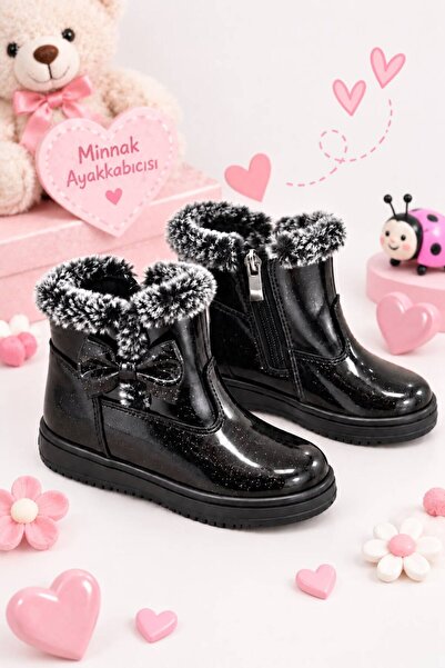 Mini Angel Girl's Black Winter Boots with Furry Glitter Bow Detail