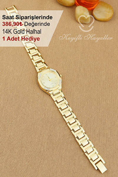 Keyifli Hayaller Gold Krem Kadran Klasik Model Kadın Kol Saati - 14K Gold Halhal Hediyeli