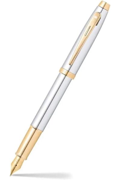 Sheaffer 9340 Gift 100 Fountain Pen Glossy Chrome with Gold Trim with Fine Nib
