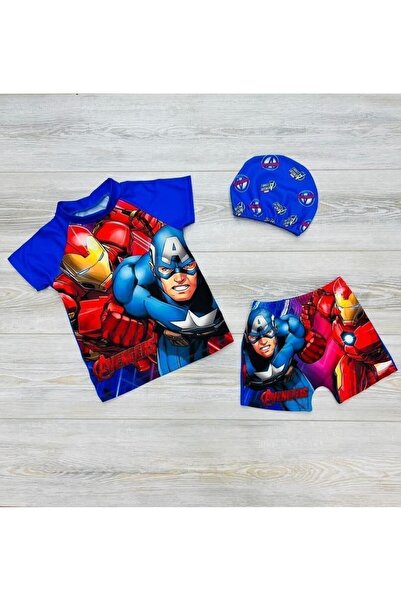 Erkek Çocuk Avengers 3 Parça Bone Tişört Şort Mayo Takımı
