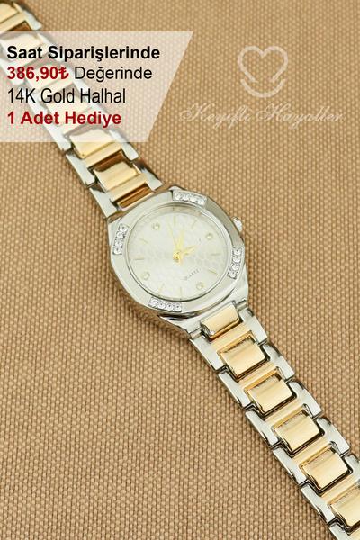 Keyifli Hayaller Silver Rose Bej Kadran Klasik Model Kadın Kol Saati - 14K Gold Halhal Hediyeli