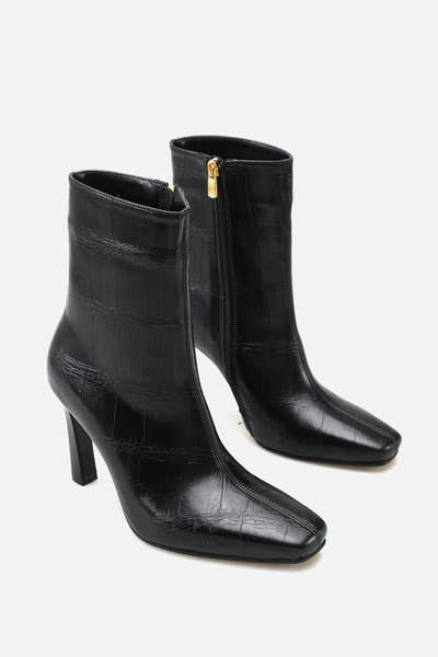 Liza Shoes Cizme de damă cu toc înalt, negre, cu fermoar lateral, model croco...